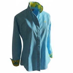 Middy n Me Equestrian Aqua Gingham Fitted Button-Up Shirt with Yellow Accents